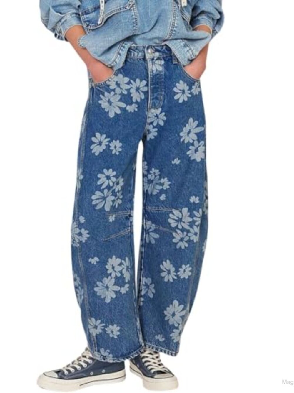 Y2K Distressed Barrel Wide Leg Baggy Jeans Floral Patchwork Denim Pants